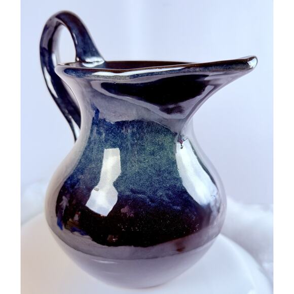 Studio Art Pottery Pitcher Creamer Flambeaux Drip Glaze Blue Hombre to Black - Picture 4 of 15